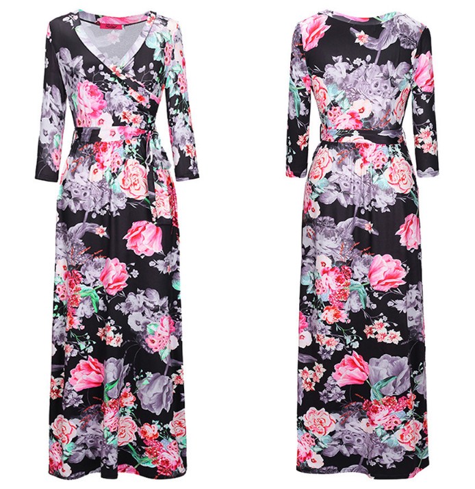 SZ60136-2 Floral Print Long Dress Short Sleeve Empire Flower Maxi Dresses